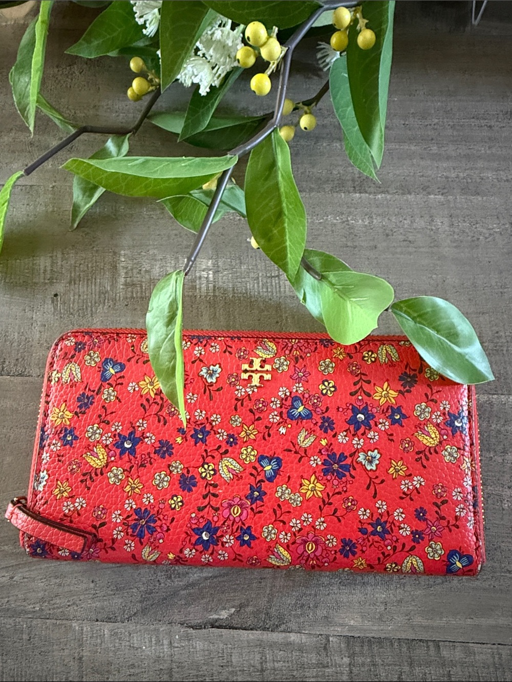 Tory Burch Red Floral Zip Wallet with Gold Logo